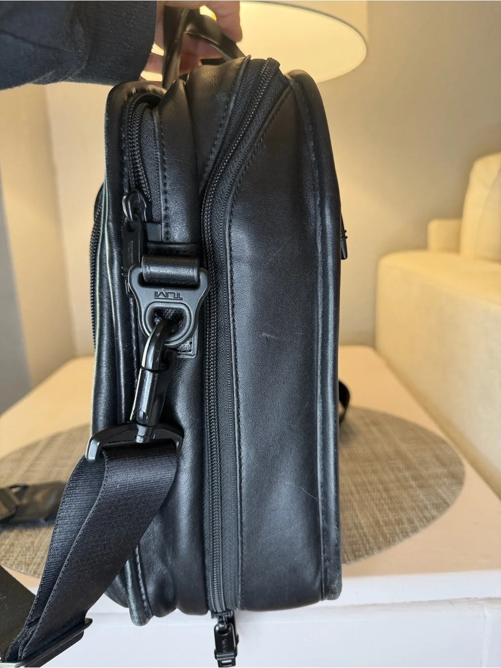 Tumi Black Leather Business Briefcase with Shoulder Strap